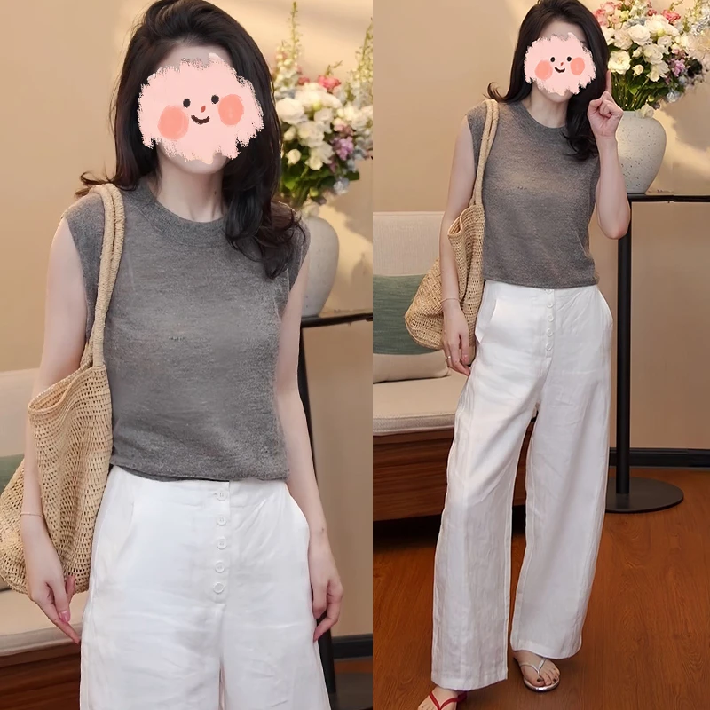 夏季温婉大方针织上衣亚麻直筒裤套装休闲慵懒风女装夏洋气衣服女