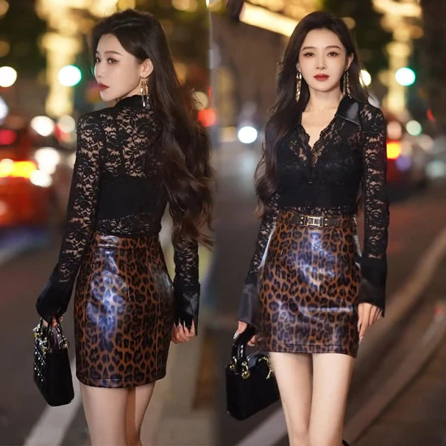 气质时尚套装2025春新款性感镂空蕾丝衬衫豹纹短裙女人味两件套冬