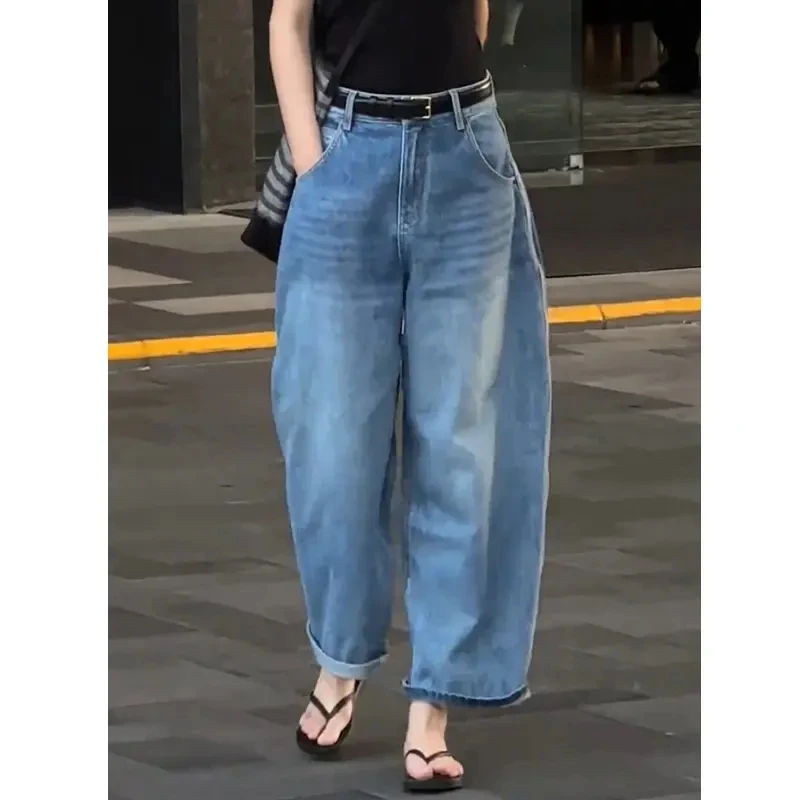 牛仔裤女2025早秋新款爆款裤子显瘦高腰九分裤时尚蓝色弯刀阔腿裤