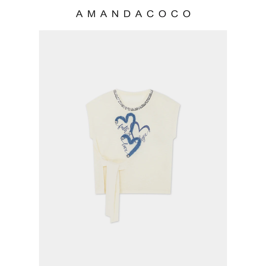 静静 | 夏季薄款串珠爱心字母显瘦绑带短袖针织衫