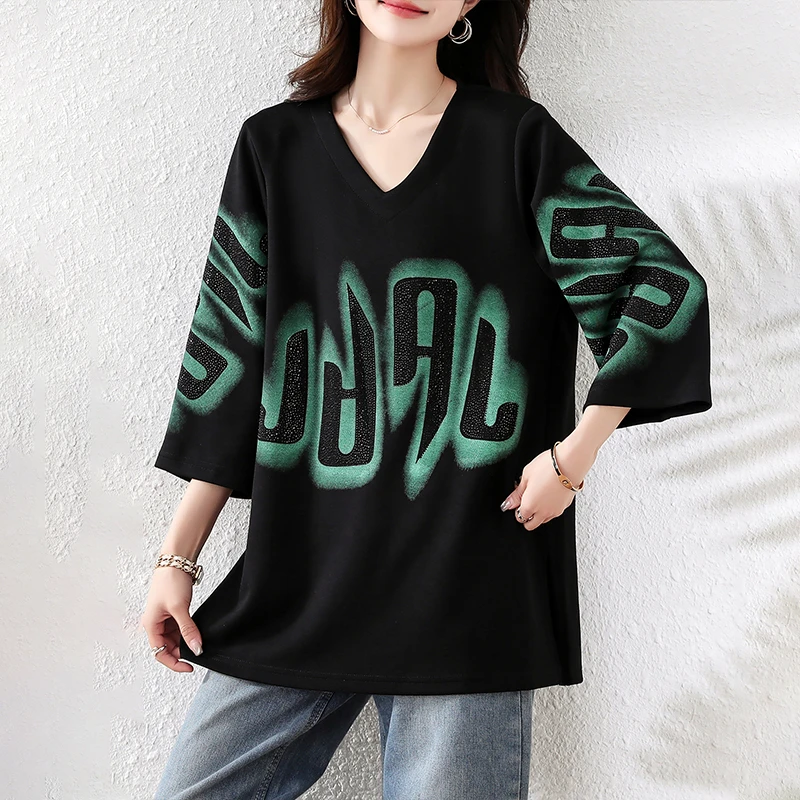 【女神新衣】2025春夏高级感重工印花短袖T恤打底衫宽松时尚上衣