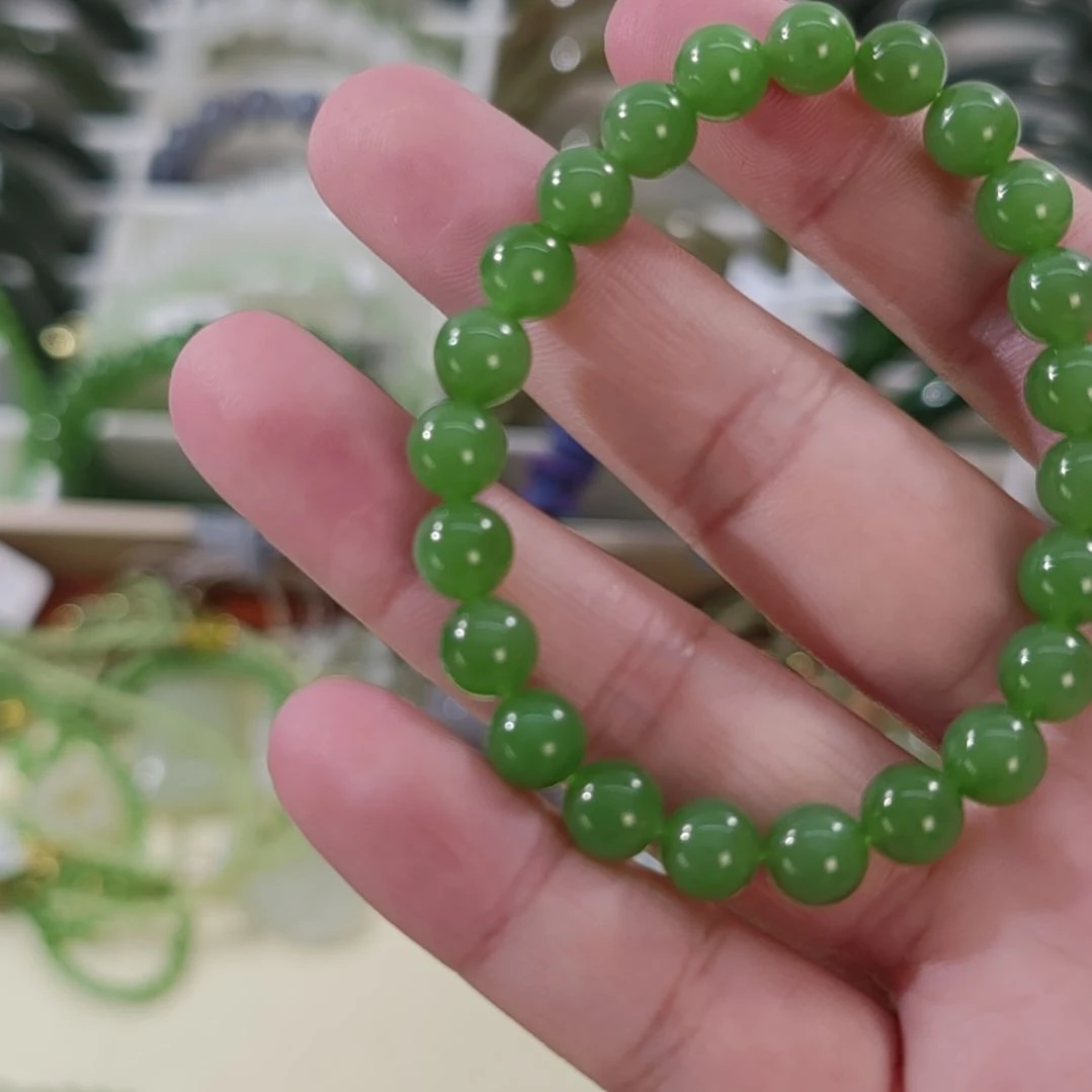 和田玉（碧玉）未镶嵌手链卡8精品碧玉果绿色手串×1