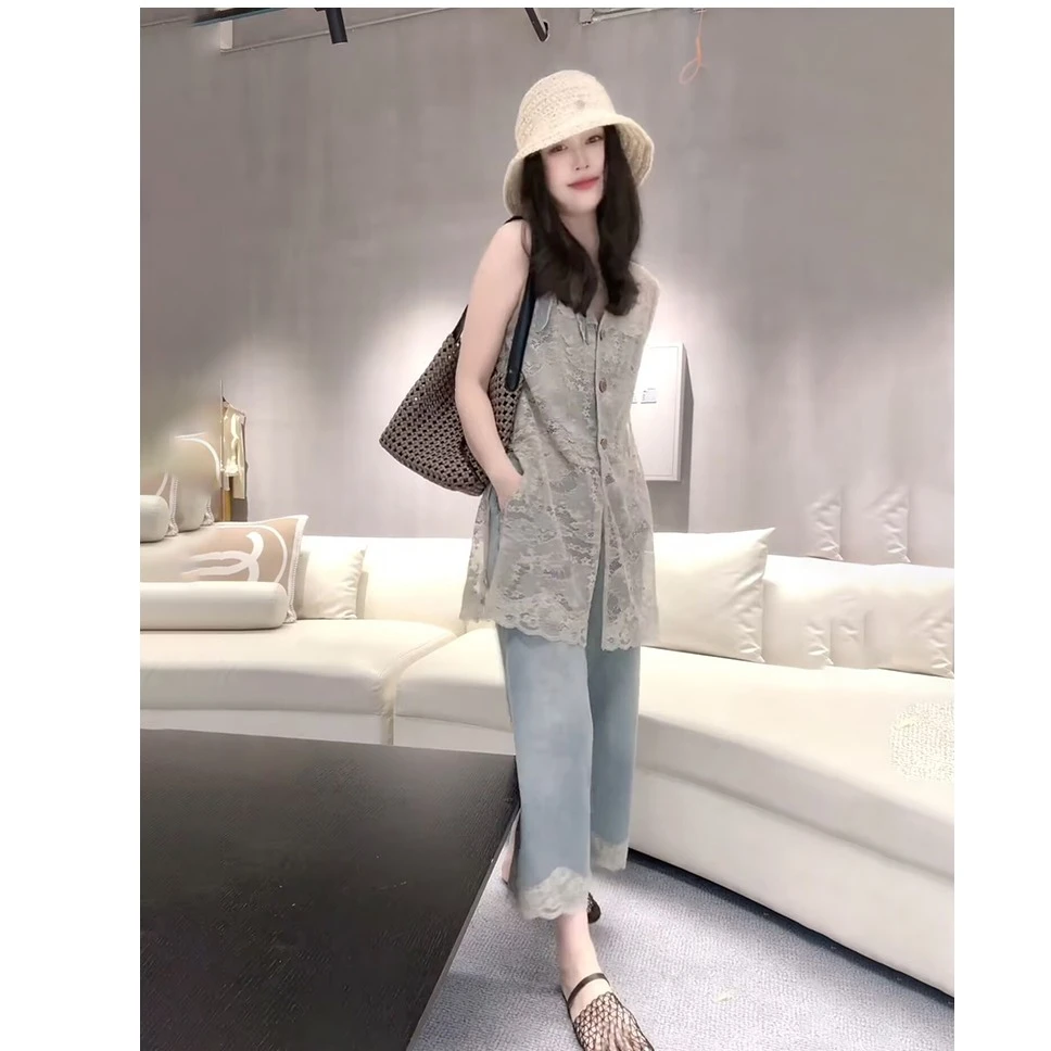 小清新气质一整套设计感拼接牛仔裤甜美蕾丝衫老钱风蕾丝马甲套装