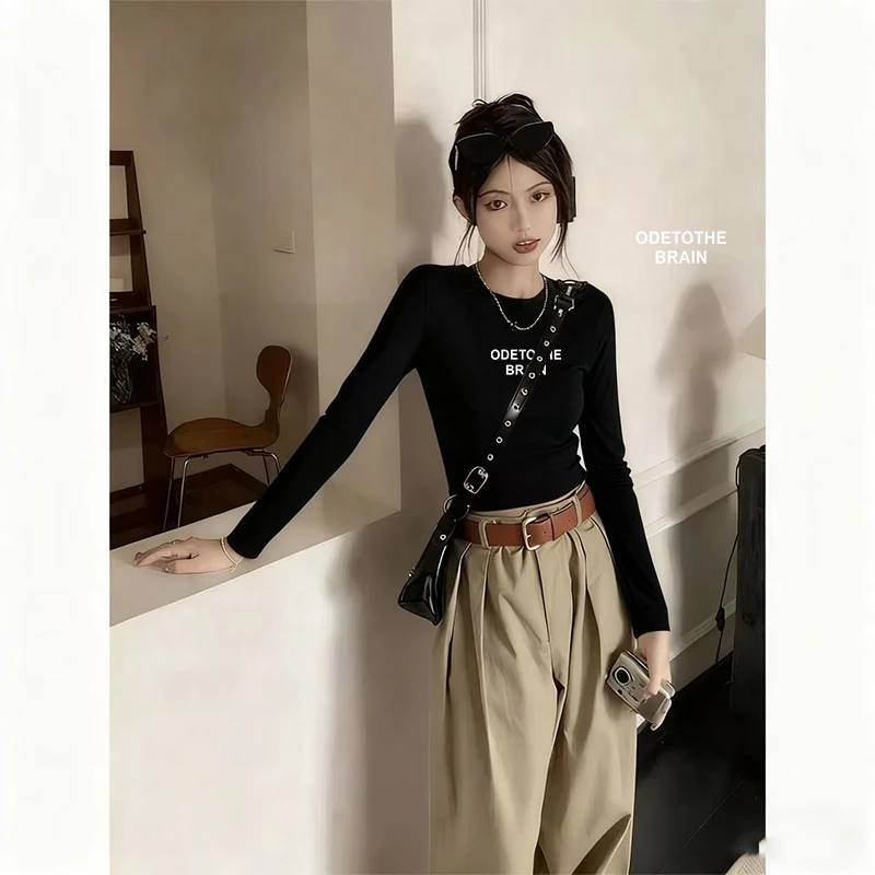 黑色短款立领打底衫女内搭秋季高腰露脐紧身长袖t恤纯色基础上衣