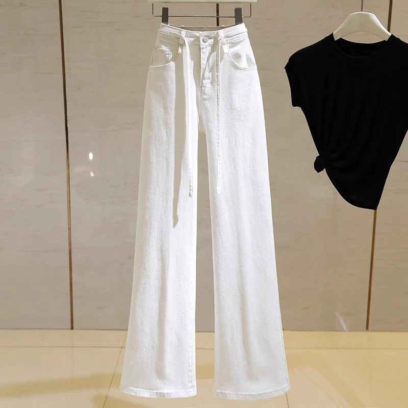 culv象牙白高腰阔腿牛仔裤女夏季新款小个子弹力显瘦直筒九分裤子