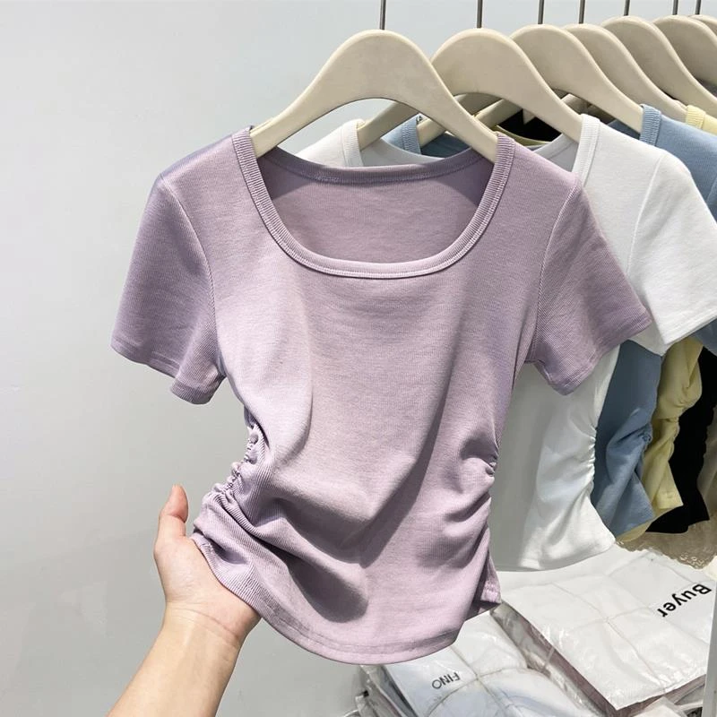 GPTSu紫色方领短袖t恤女夏季2025新款修身纯色收腰短款上衣体恤
