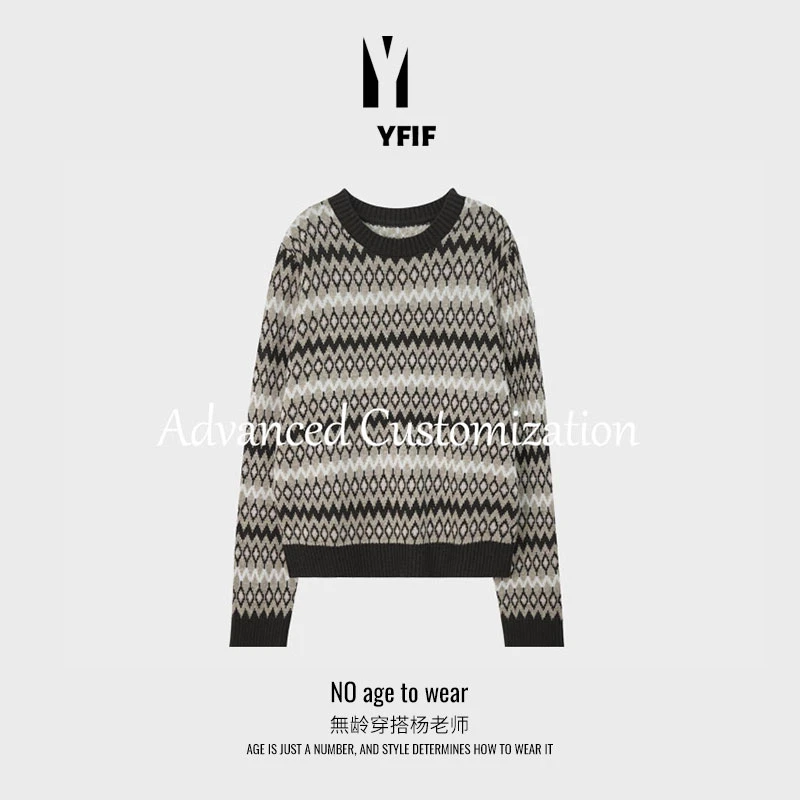 YANG ZONE_ 羊毛混纺复古几何条纹圆领宽松时尚针织衫YJ-DWY515