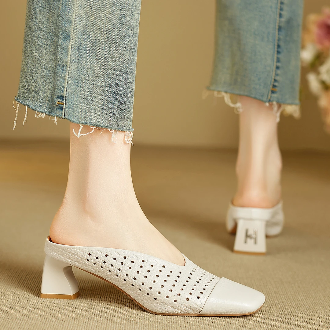 小个子手工女鞋5cm~镂空包头拖中跟凉鞋女浅口粗跟平底包头高跟鞋