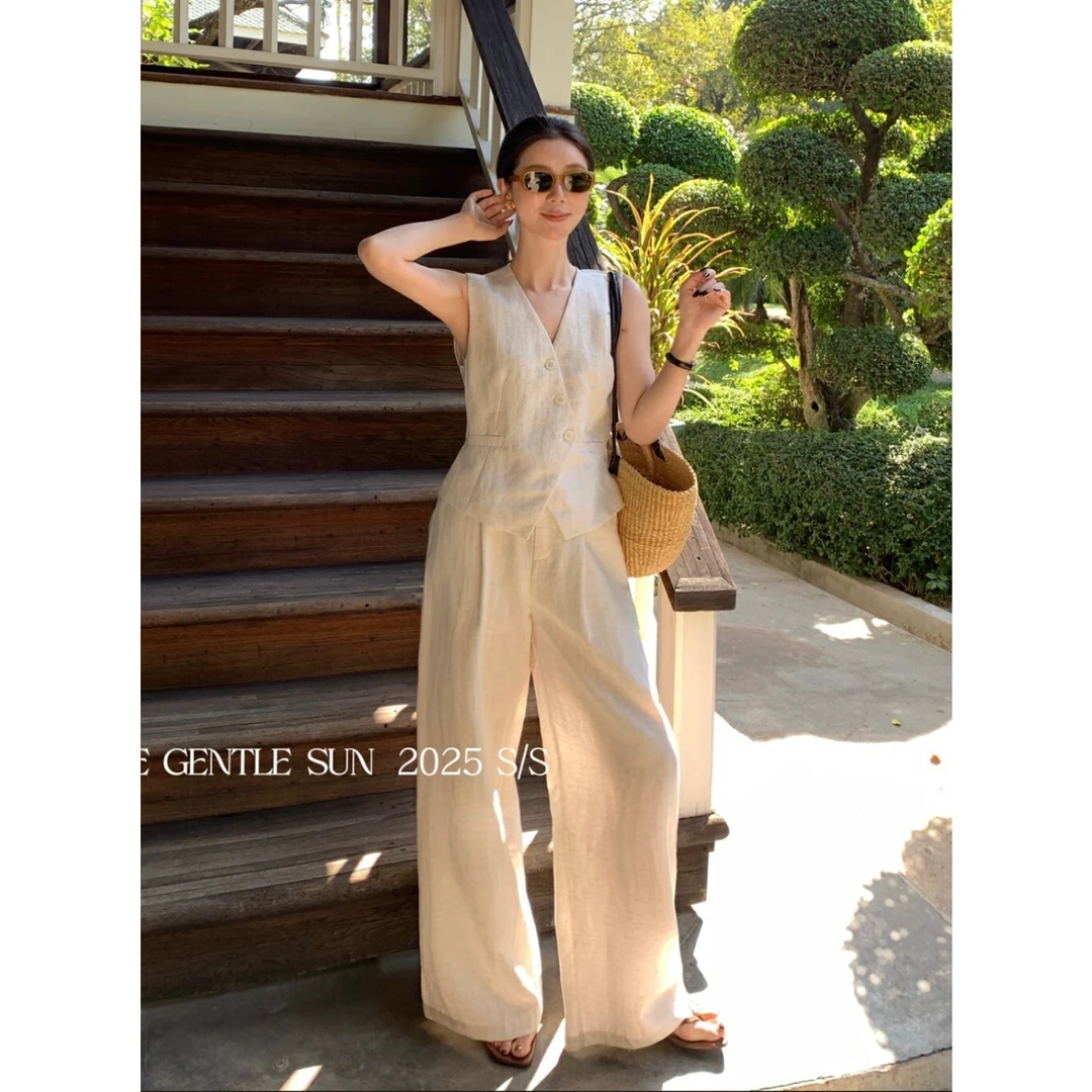 新款老钱亚麻小衫+白色休闲裤套装季节春夏季阔腿显瘦裤子女装