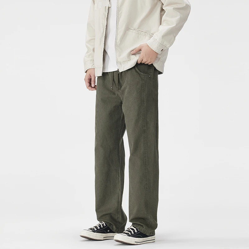 日系复古休闲裤男士秋款新款潮牌宽松直筒简约拼接潮流微阔腿裤子