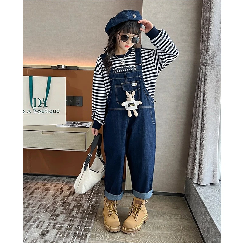 女童牛仔背带裤套装儿童裤子秋季宽松洋气背带裤中大童休闲长裤