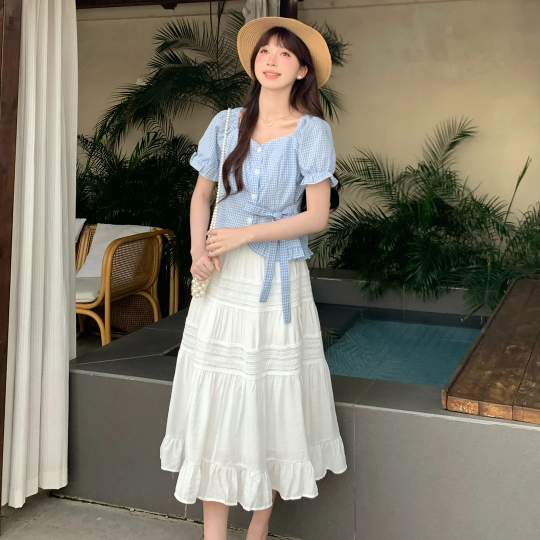 【小铃铛】TU27709法式格子衬衫搭松紧腰蛋糕长裙韩版时尚两件套装