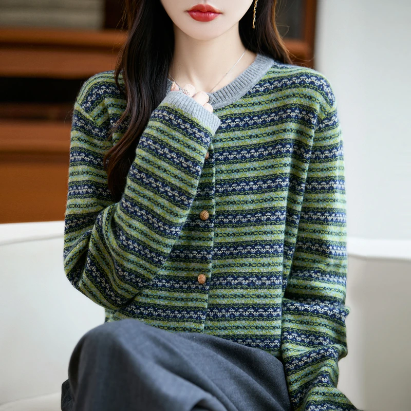 品牌撤柜正品费尔岛提花羊毛针织开衫女士圆领条纹撞色复古长袖