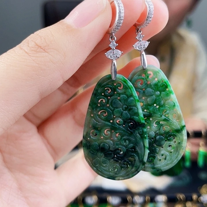 翡翠耳饰银S925镶嵌饰品