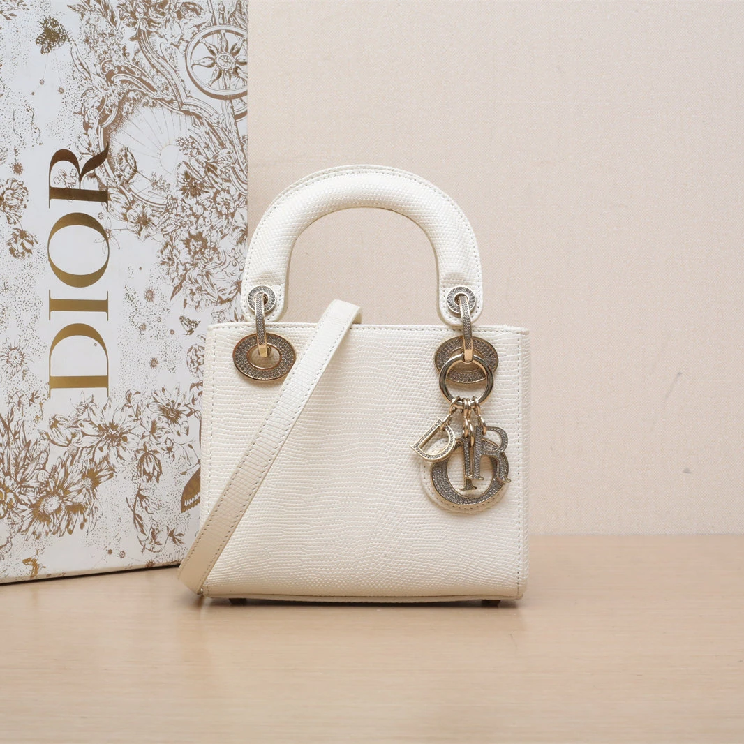 95新 DIOR/迪奥 【活动黑黑】戴妃包 三格 白色 蜥蜴皮 钻扣
