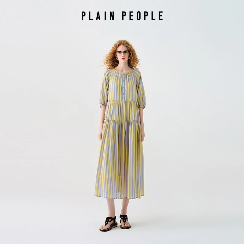 PLAIN PEOPLE法式度假撞色条纹大摆圆领连衣裙女黄色夏季新款