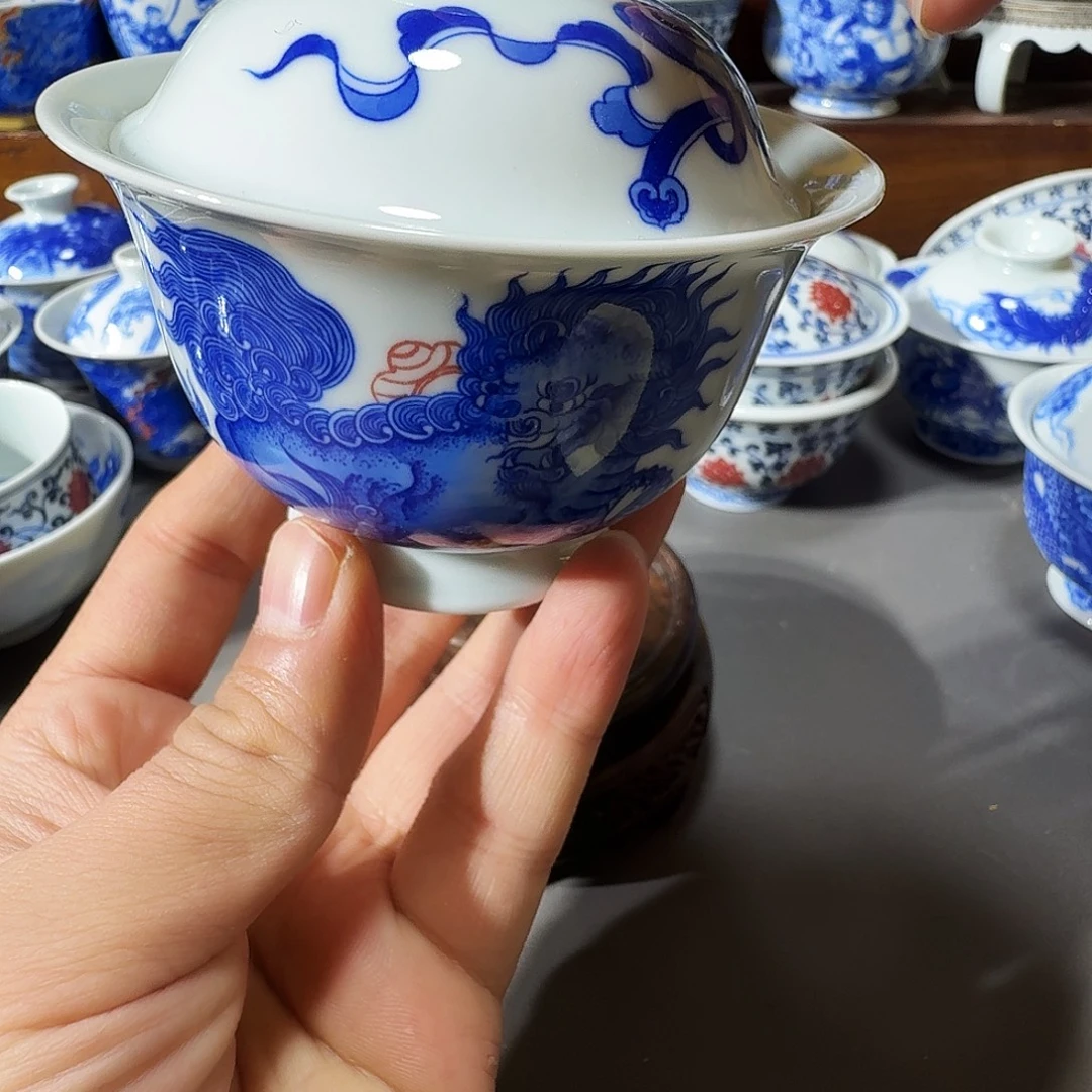 泥塑盖碗手工手绘微不合缝