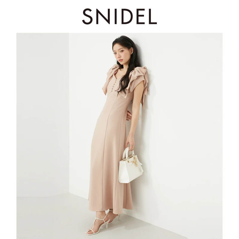 SNIDEL2025春夏新品气质V领无袖收腰蝴蝶结肩带连衣裙SWFO251066