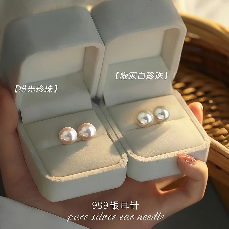 足银耳饰 999银施家财阀千金贵感仿珍珠耳环小众轻奢高级感