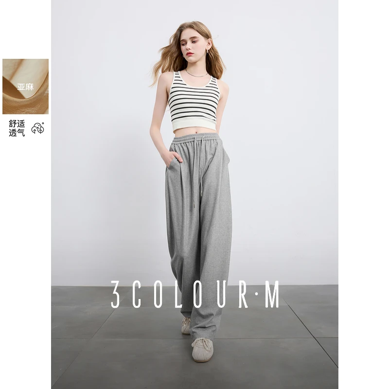 三彩2025春季休闲卫裤高腰松紧抽绳直筒镰刀裤显瘦长裤简约M
