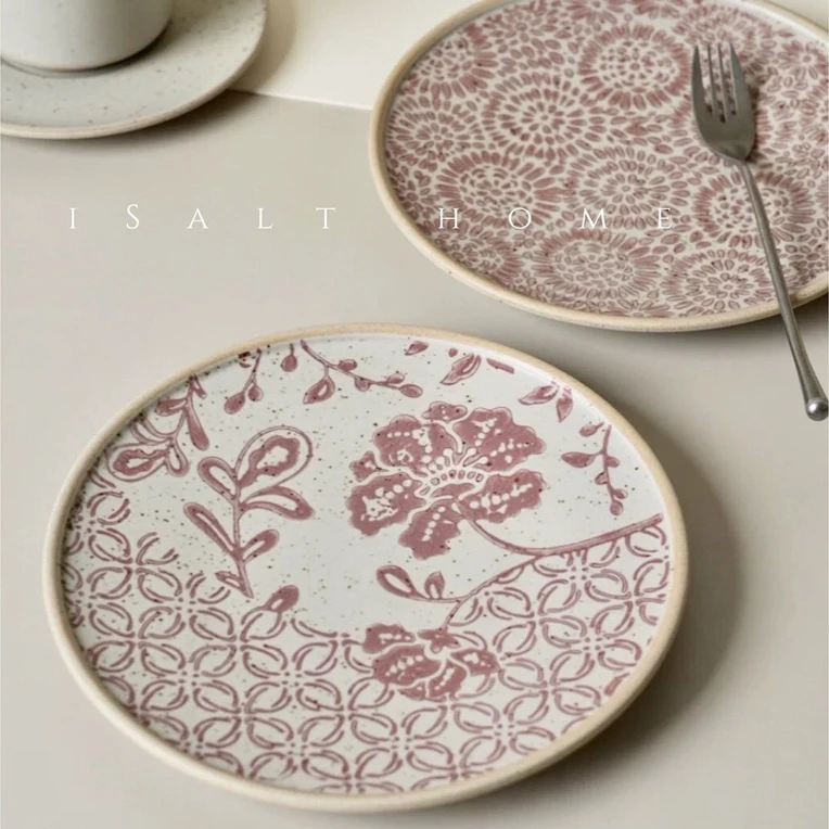 手作粗陶青花铁锈红·手作粗陶盘子家用早餐盘甜品点心盘/出丹麦