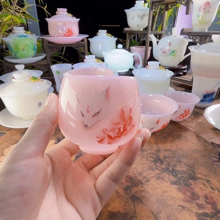 冰晶璞玉粉黛九尾狐仙禅意杯