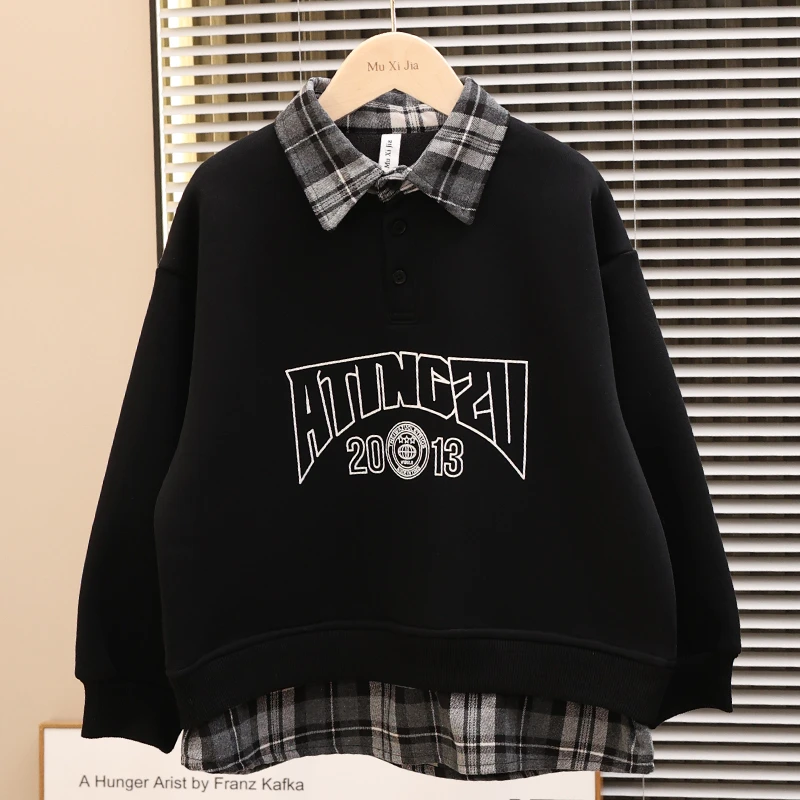 儿童加绒polo衫卫衣2025新款男女童秋冬装格子假两件宽松上衣洋气