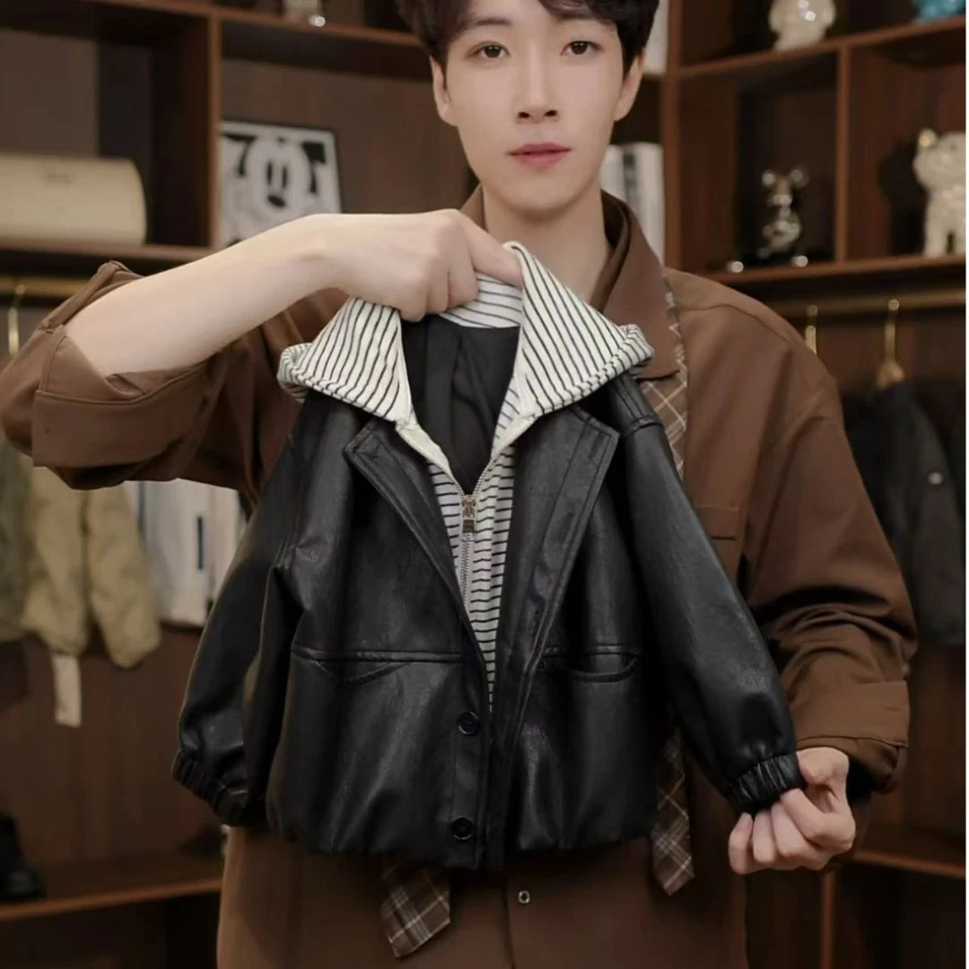 2025新款加绒男女童秋季新款条纹假两件皮衣洋气时尚百搭外套