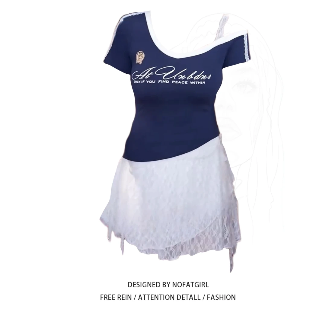 大码胖MM美式辣妹蕾丝拼接斜肩短袖T恤女夏季纯欲修身显瘦上衣潮