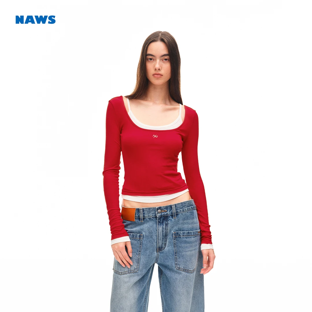 NAWS 马赛长袖Tee 莱赛尔天丝经典撞色两件一式吊带叠穿T恤上衣