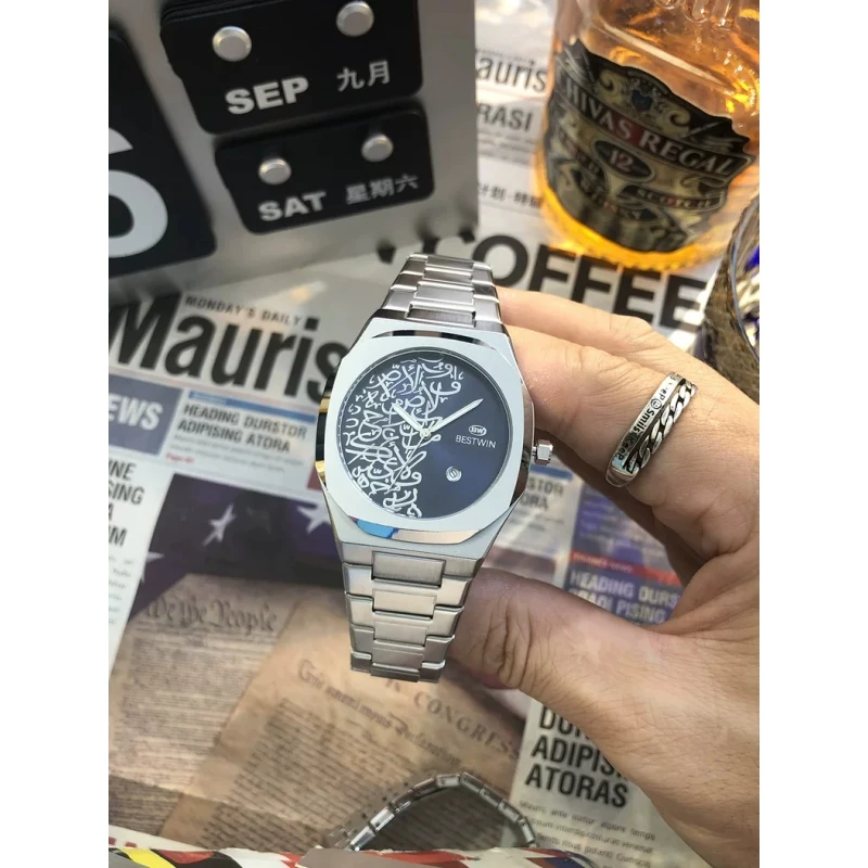 复古方形手表个性创意阿拉伯数字大表盘钢带防水时尚商务男士手表