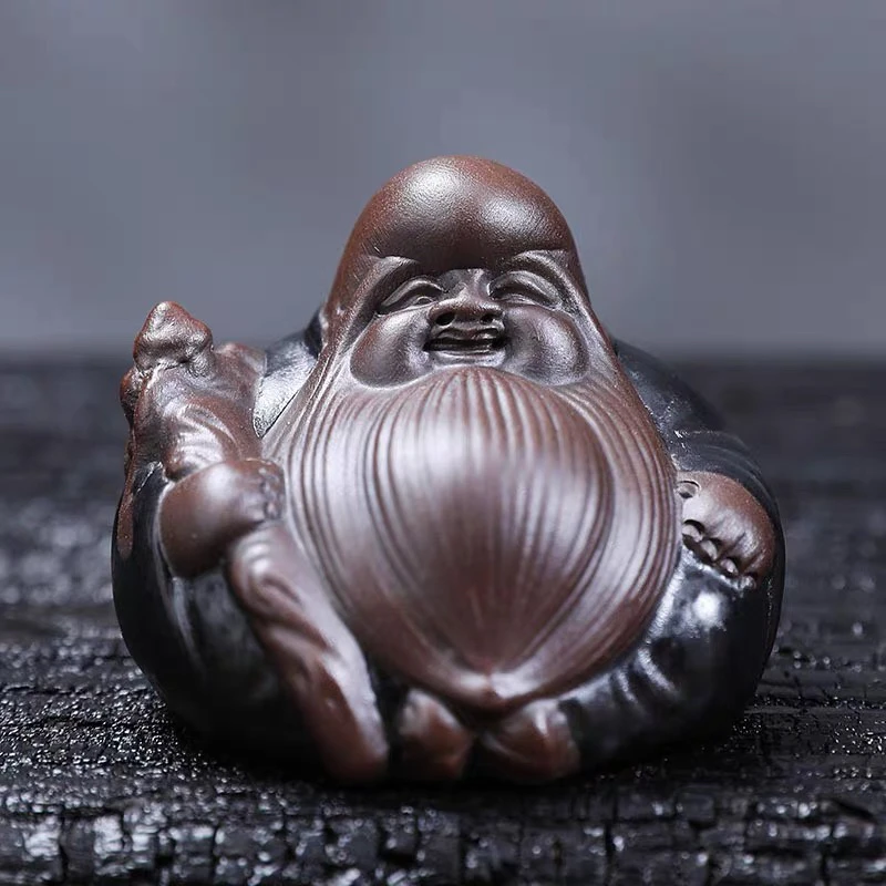 当代 紫砂寿星公可养茶宠可盘乌金釉长寿之星摆件