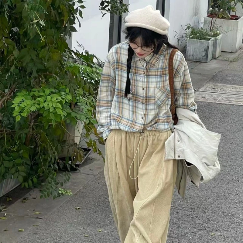 秋冬新款百搭宽松慵懒风复古格子衬衫35671款