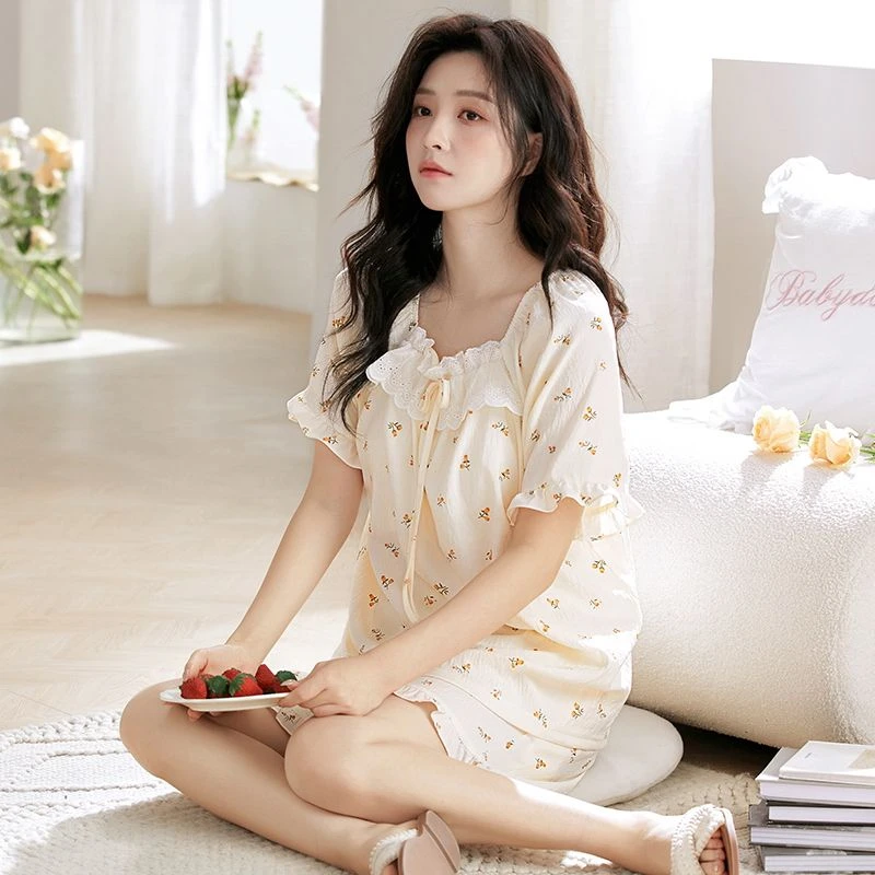 夏季可爱少女圆领短袖休闲睡衣云朵棉短裤宽松家居服女套装