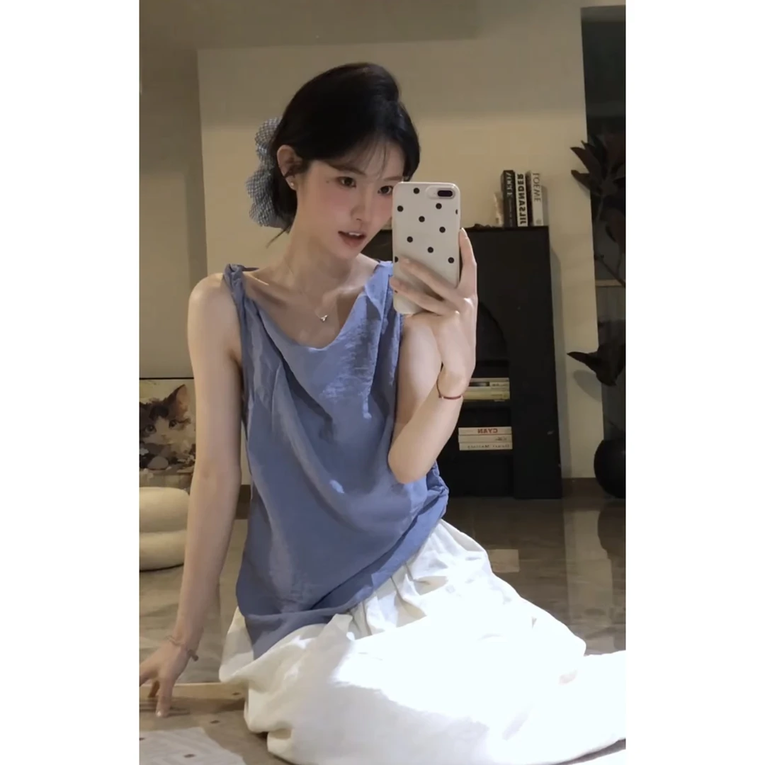 法式蓝色荡领斜肩吊带背心女夏季外穿宽松显瘦不规则露肩绝美上衣