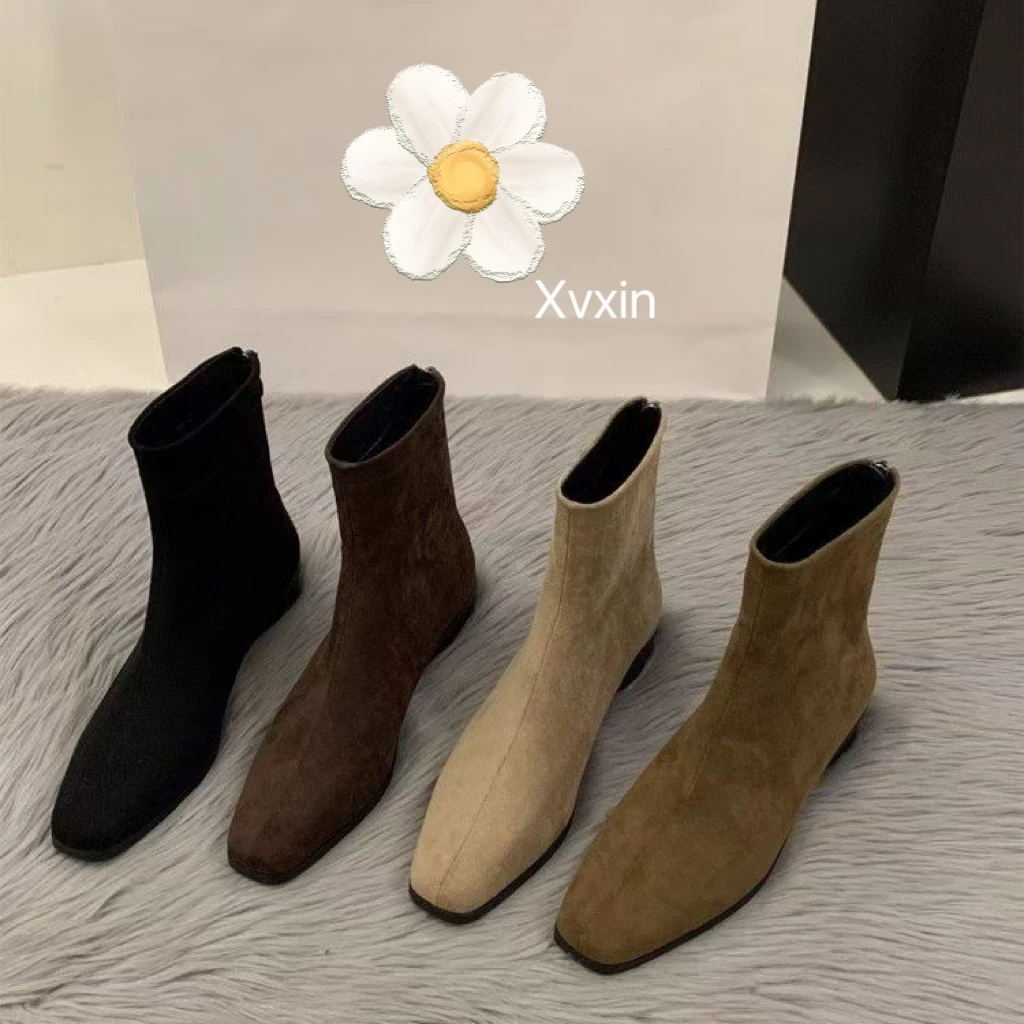 小个子内增高5cm法式方头复古棕色绒面粗跟短靴拉链平底马丁靴女