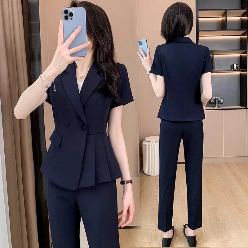 黑色西装套装女夏季新款短袖气质美容院工作服职业高级珠宝店西服