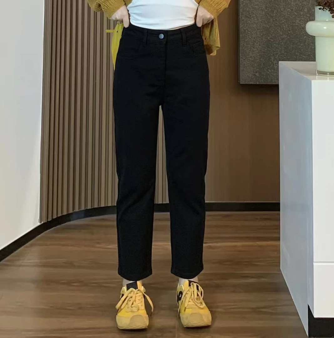 小羽酱小个子定制秋季休闲百搭显瘦高腰弹力九分黑色直筒牛仔裤