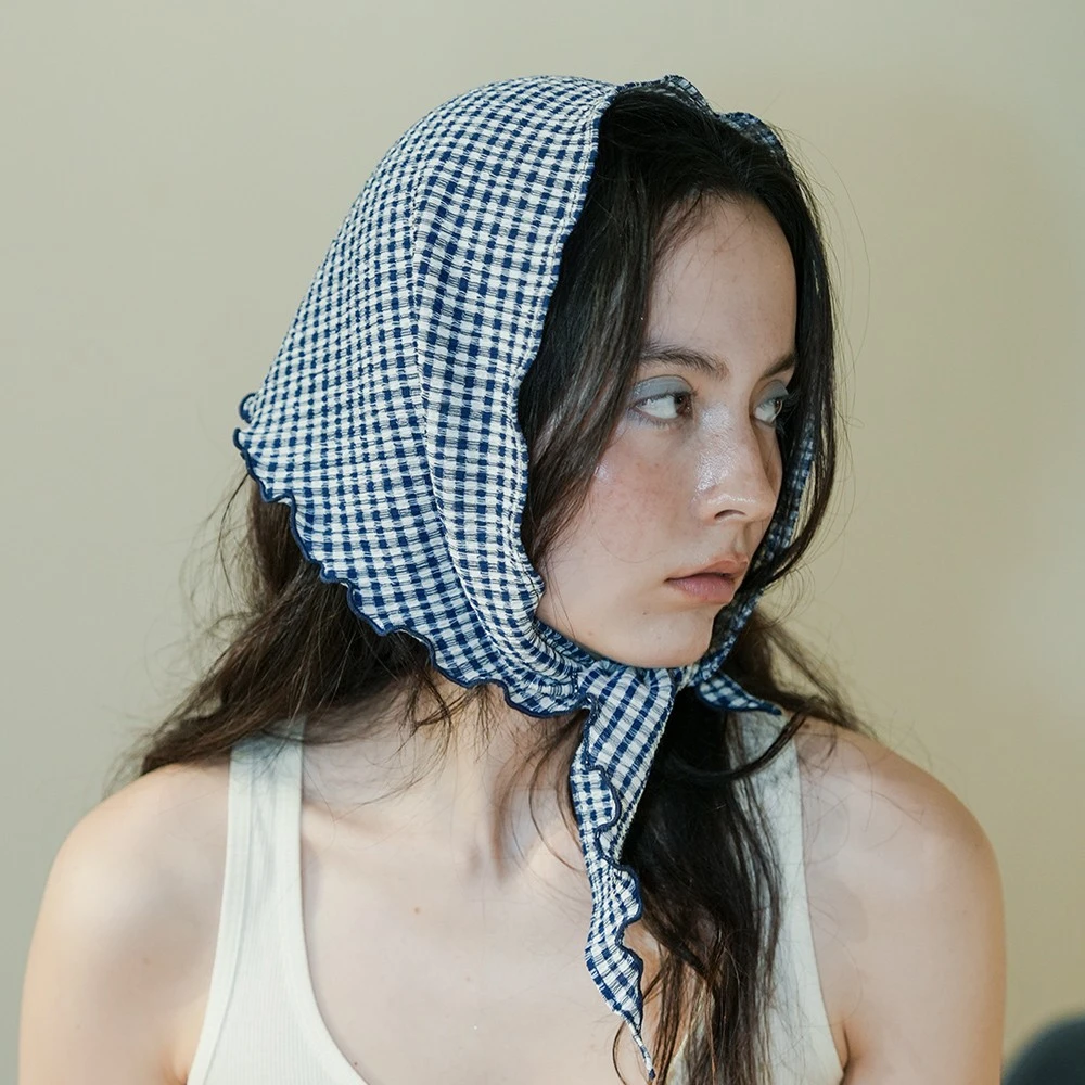 JOJOKUR原创木耳边格纹三角巾_夏季清新百搭韩系防晒小众头巾女