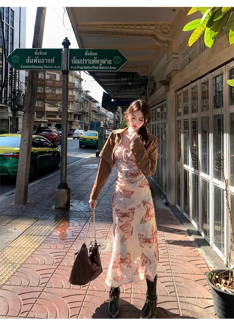 工厂清货福利~蝴蝶红/杏蝴蝶印花连衣裙度假长短款吊带裙QKL1098