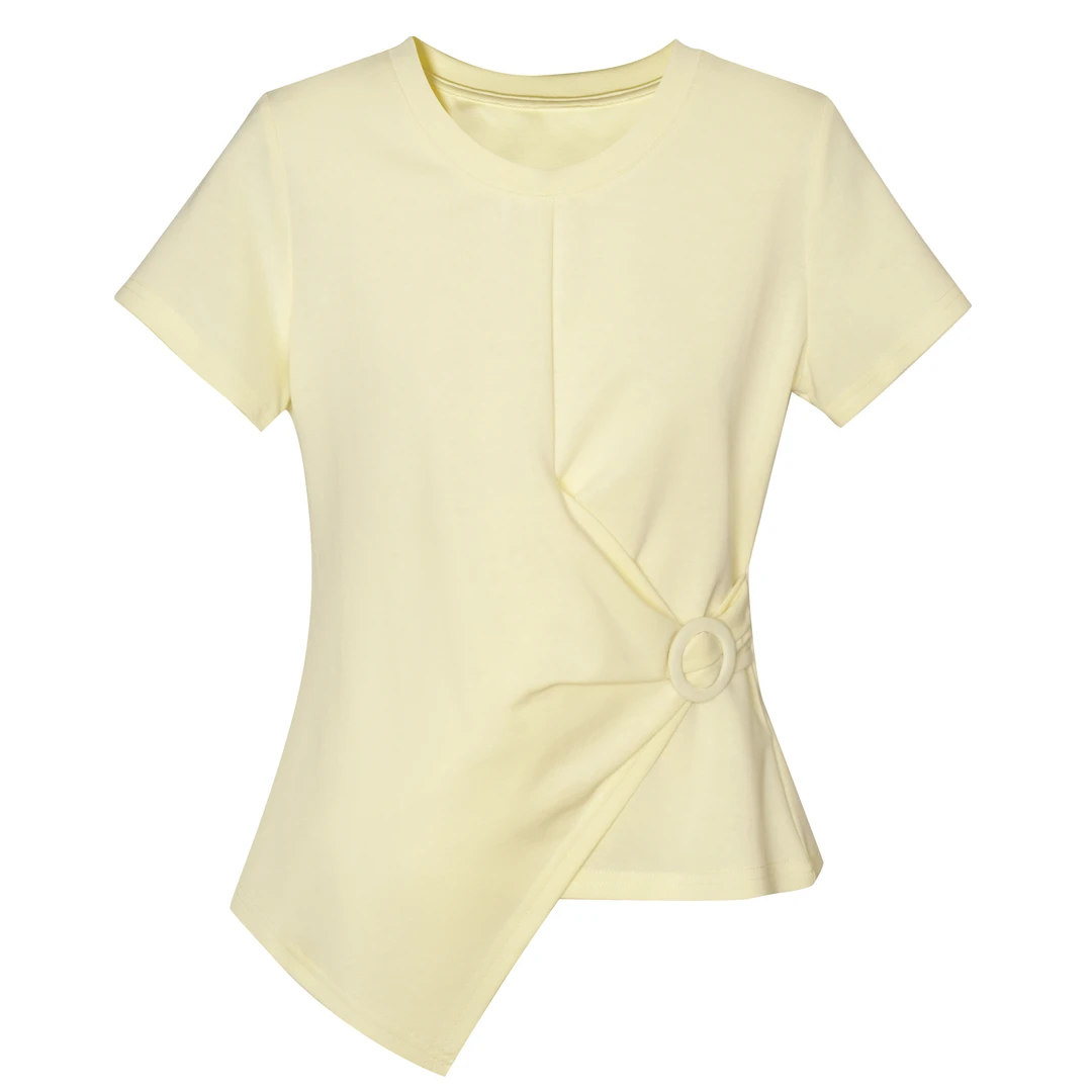 【65303】2025新款85%棉时尚设计感不规则收腰显瘦女款短袖