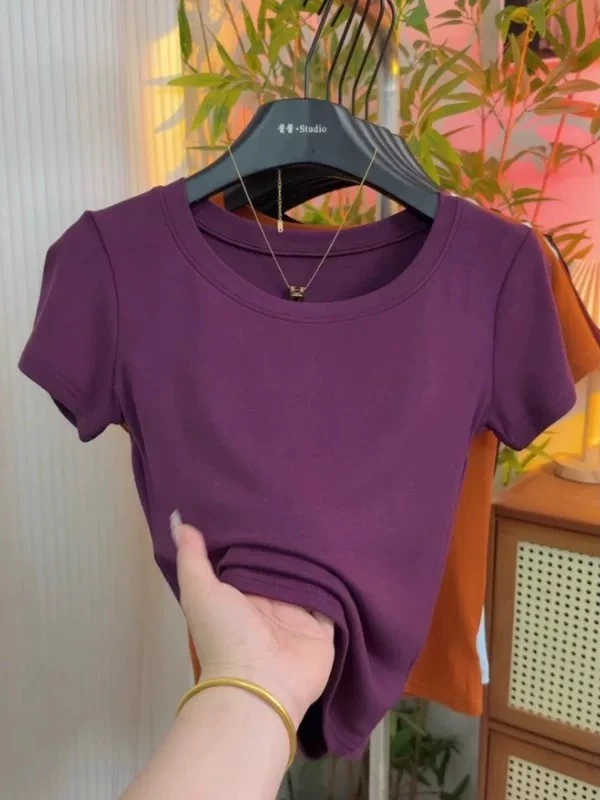 辣妹气质百搭正肩圆领T恤女短袖夏季棉质新款修身显瘦打底衫