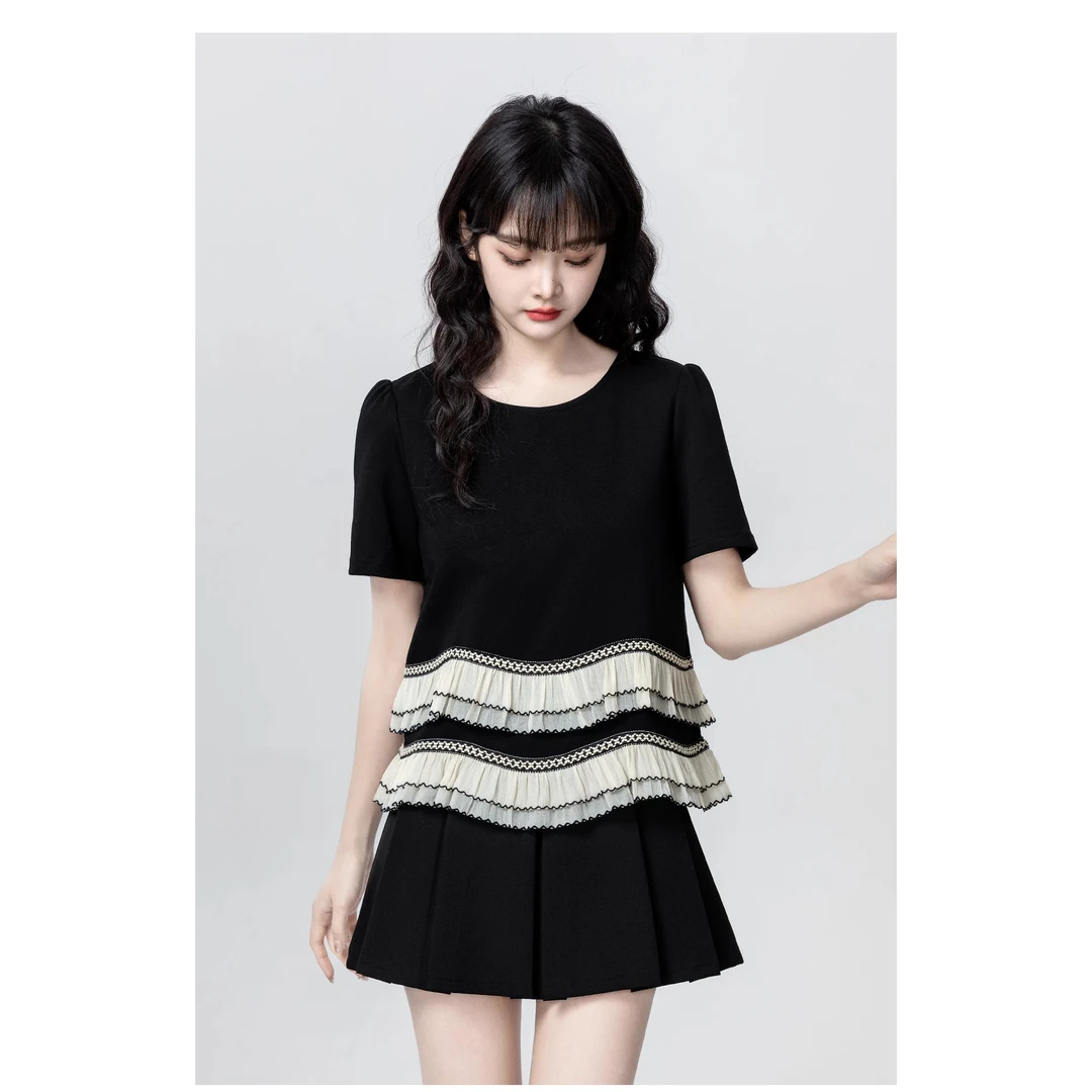 黑色圆领短袖T恤女夏2025夏季新款遮肉显瘦半身裙超火两件套夏装