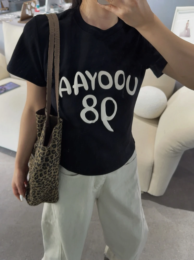 【平行线】LOOYEA 夏季时尚宽松圆领百搭短款印花T恤 1169