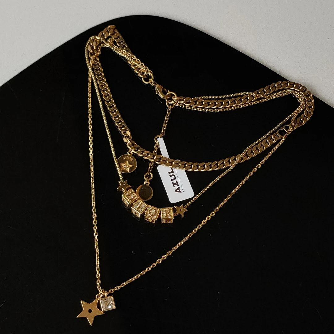 95新 DIOR/迪奥 Azul-复古金亮钻logo骰子方钻星星三层项链45432
