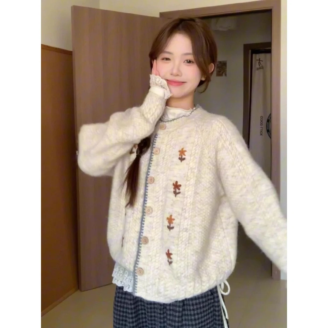 官图实价韩系软糯圆领花朵刺绣开衫毛衣外套女秋冬款慵懒风上衣