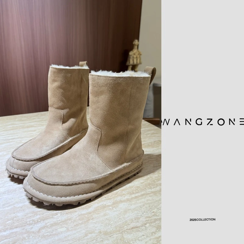 WANG ZONE｜皮毛一体时尚舒适麂皮手工缝线中筒勃肯雪地靴
