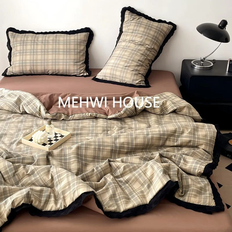 【MEHWI】 新款花边轻奢夏凉被蕾丝边格子简约空调被夏被四件套