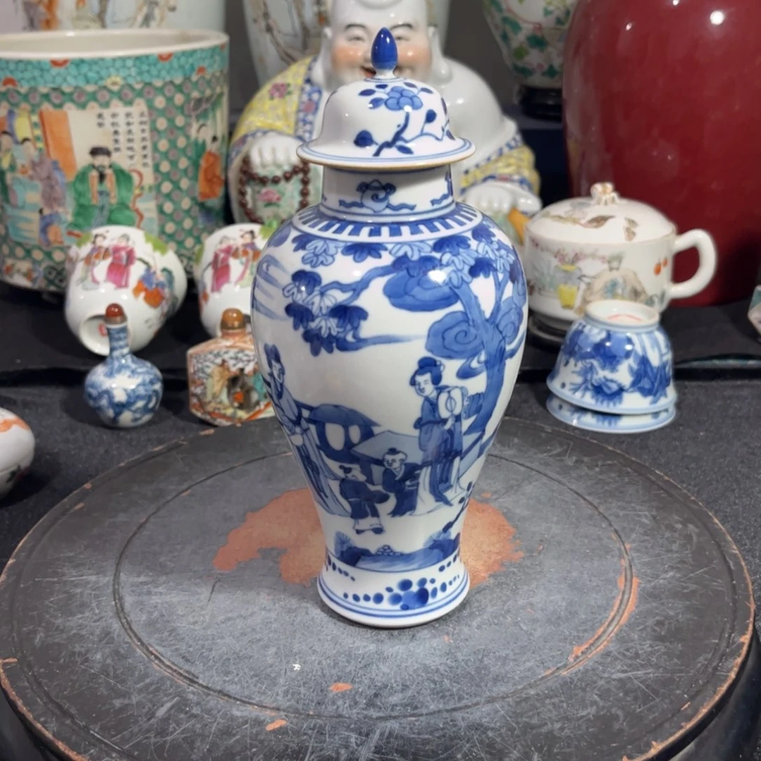 摆件青花三娘教子将军罐