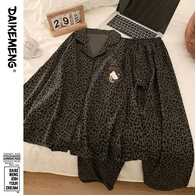 小众韩版豹纹印花睡衣秋季新款长袖长裤可外穿家居服时尚舒适套装